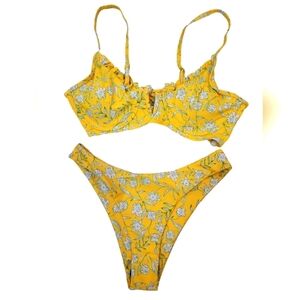 Floral Underwire Women's Two Piece Bikini Set Yellow and Green Size S